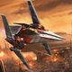 A V-Wing flies over a burning Senate during the battle of Coruscant.